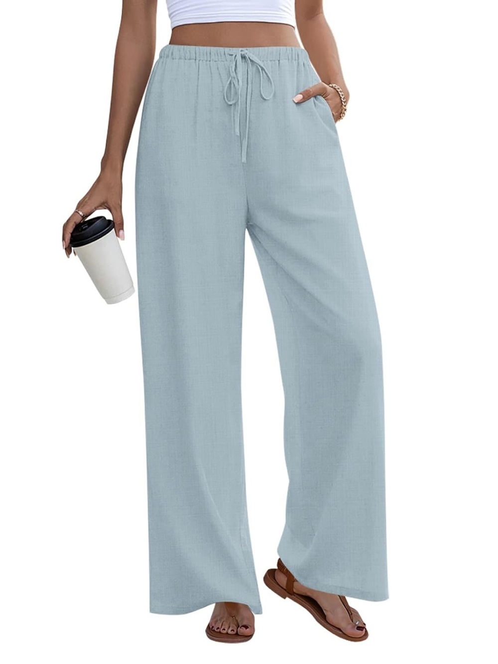 Light Blue Wide-Leg Drawstring Linen Pants